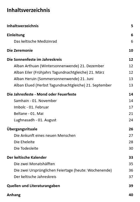 Inhaltsverzeichnis des DRUVIDES Handbuch der Feste und Rituale
